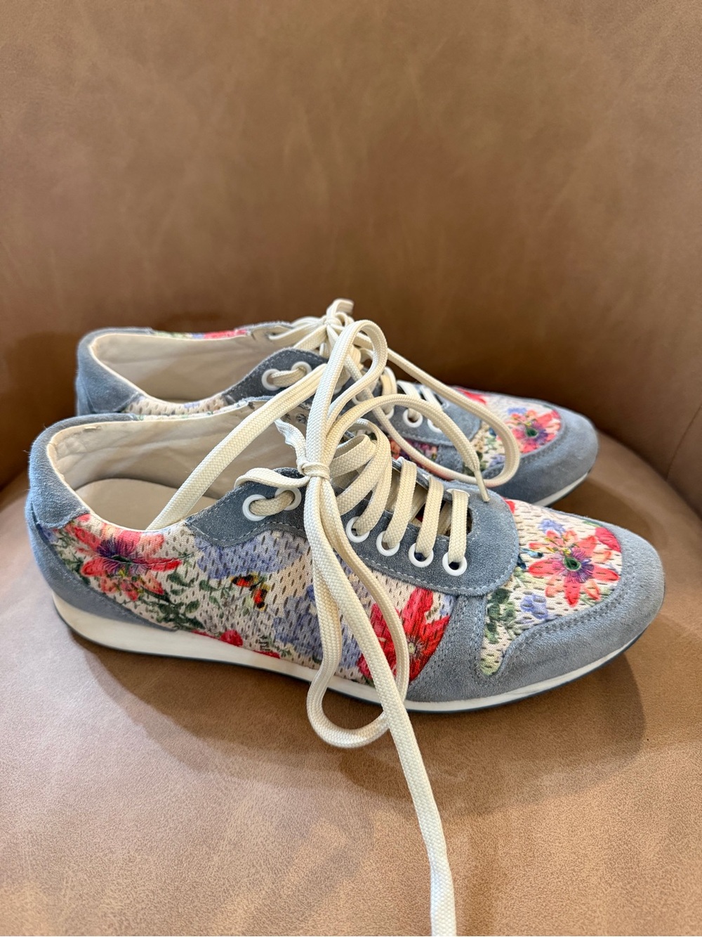 Women's Floral Lace-Up Sneakers in Light Blue. Made in Italy.